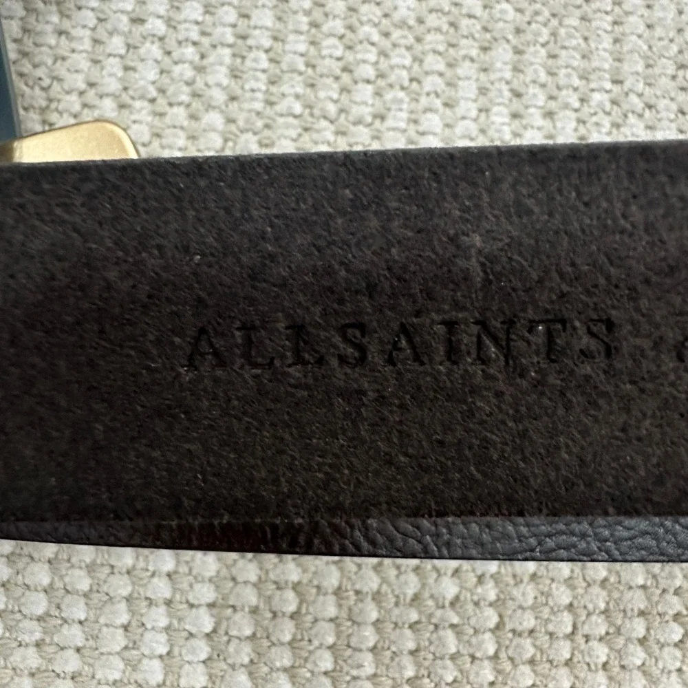 AllSaints Mens Deep Brown Genuine Leather 32mm Casual Belt Gold Buckle Large NEW